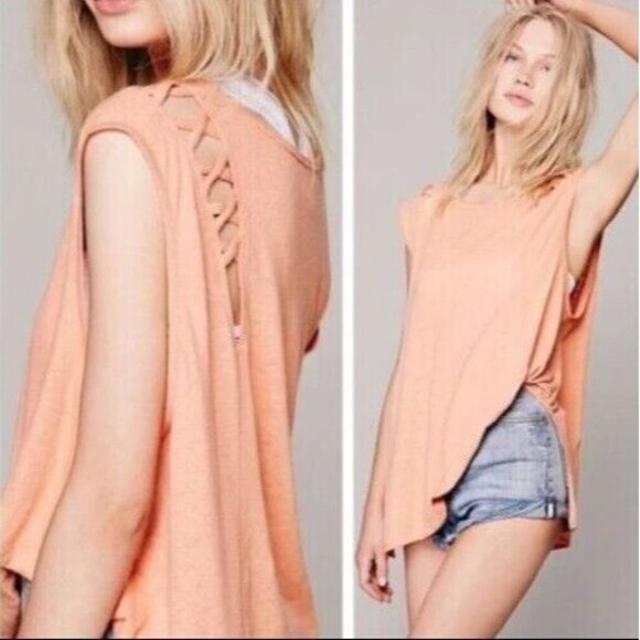 FREE PEOPLE Womens Top Medium Orange Cut Out Linen Blend Oversized Side Slit - Picture 1 of 10